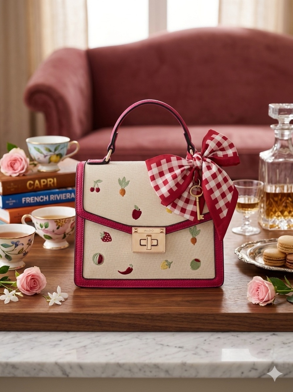 ALDO Cream Canvas Satchel with Pink Trim and Gingham Bow